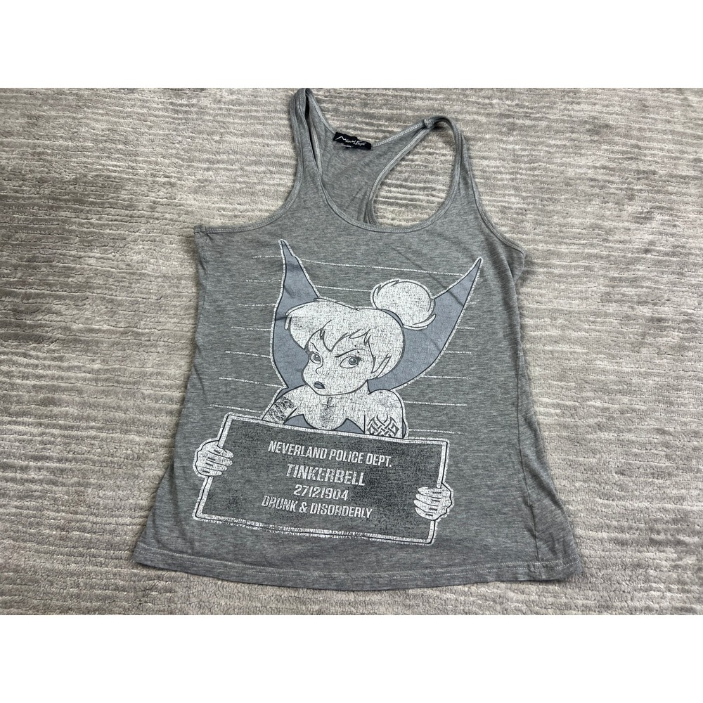 Miami Style Tank Top Women M Gray Tinkerbell Mugshot Edgy Graphic Racerback Tank